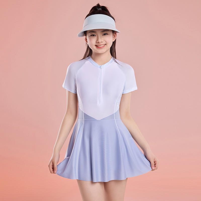 2023 Sporty One-Piece Skirted Swimsuit for Girls - Short-Sleeved, Plus Size, Hot Spring Swimwear for Kids