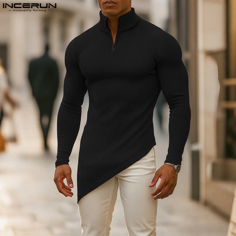 INCERUN Herbst Herren Rollkragen Patchwork Langarm Unregelmäßige Ripp Tops Unterhemden
