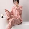 Spring and summer new women's plaid pajamas set long-sleeved trousers lapel loungewear pure cotton couple cardigan can be outside