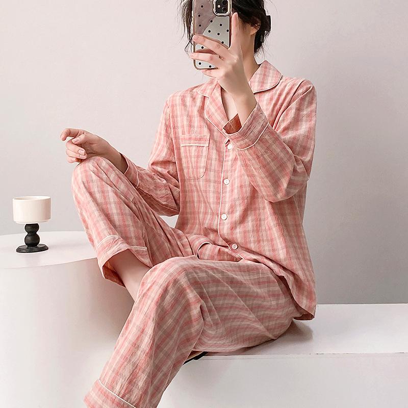 Spring and summer new women's plaid pajamas set long-sleeved trousers lapel loungewear pure cotton couple cardigan can be outside