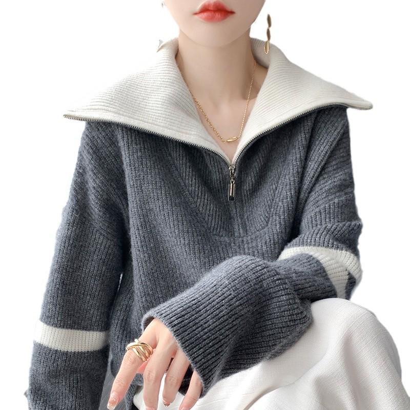 Women's Wool Color Block Half-Zip Casual Sweater with Big Lapel