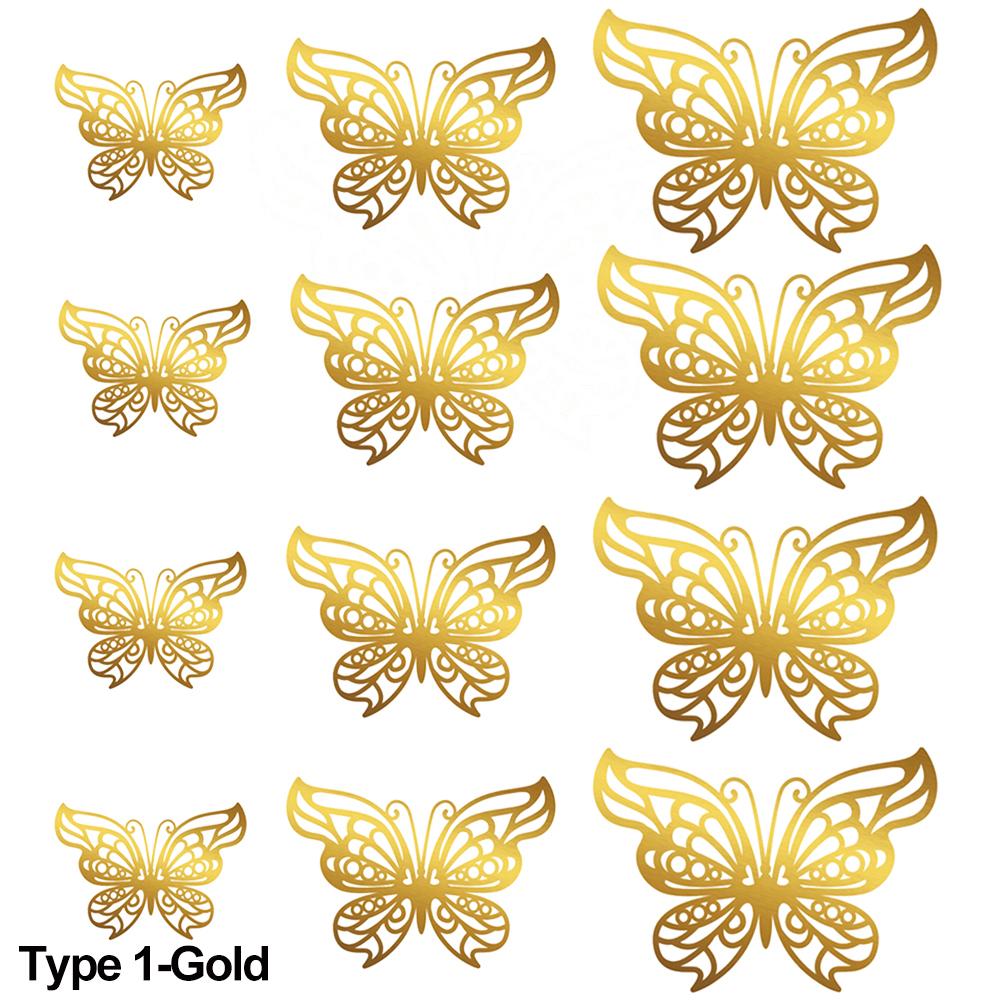 12Pcs/Pack 3D Hollow Out Butterfly Stickers Gold/Silver/Rosegold Mirror Decals Metal Texture Wall Art Wedding Party Supplies
