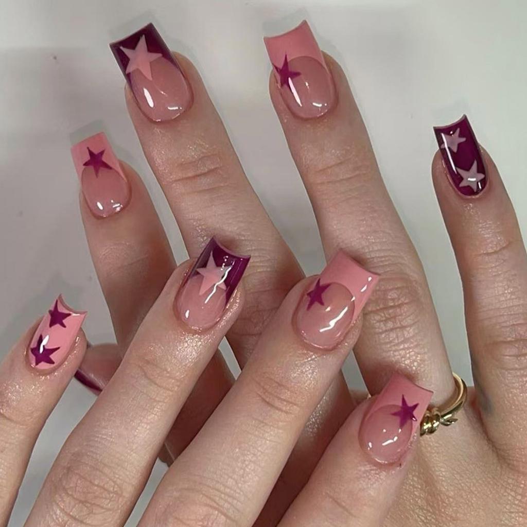 Unghie Finte a Pressione a Forma di Bara French Tip Unghie Finte Colla su Unghia Design a Stella Unghie Finte Unghie Artificiali
