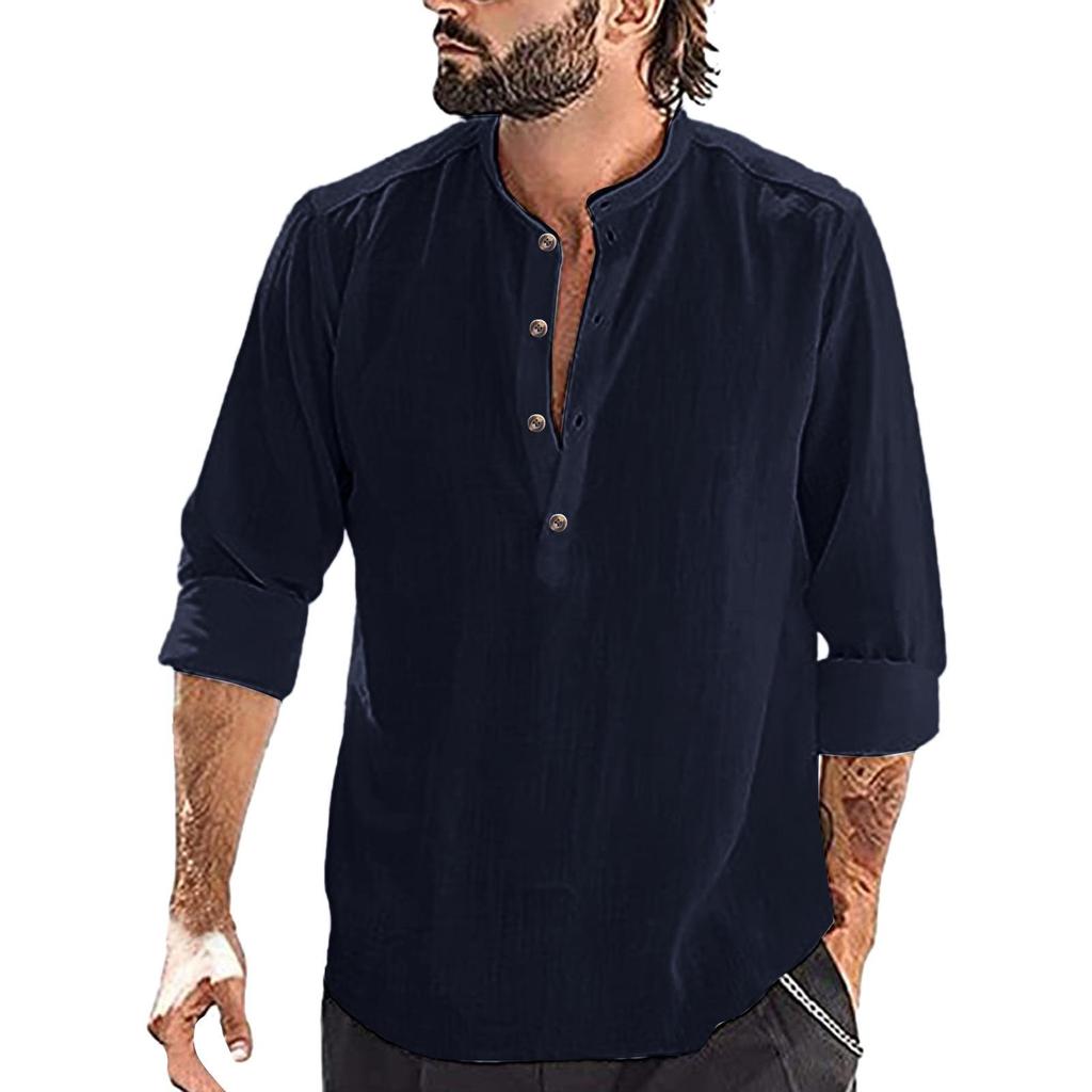 Men's Long Sleeve Loose Casual Standing Collar Shirt Solid Color Pullover Top