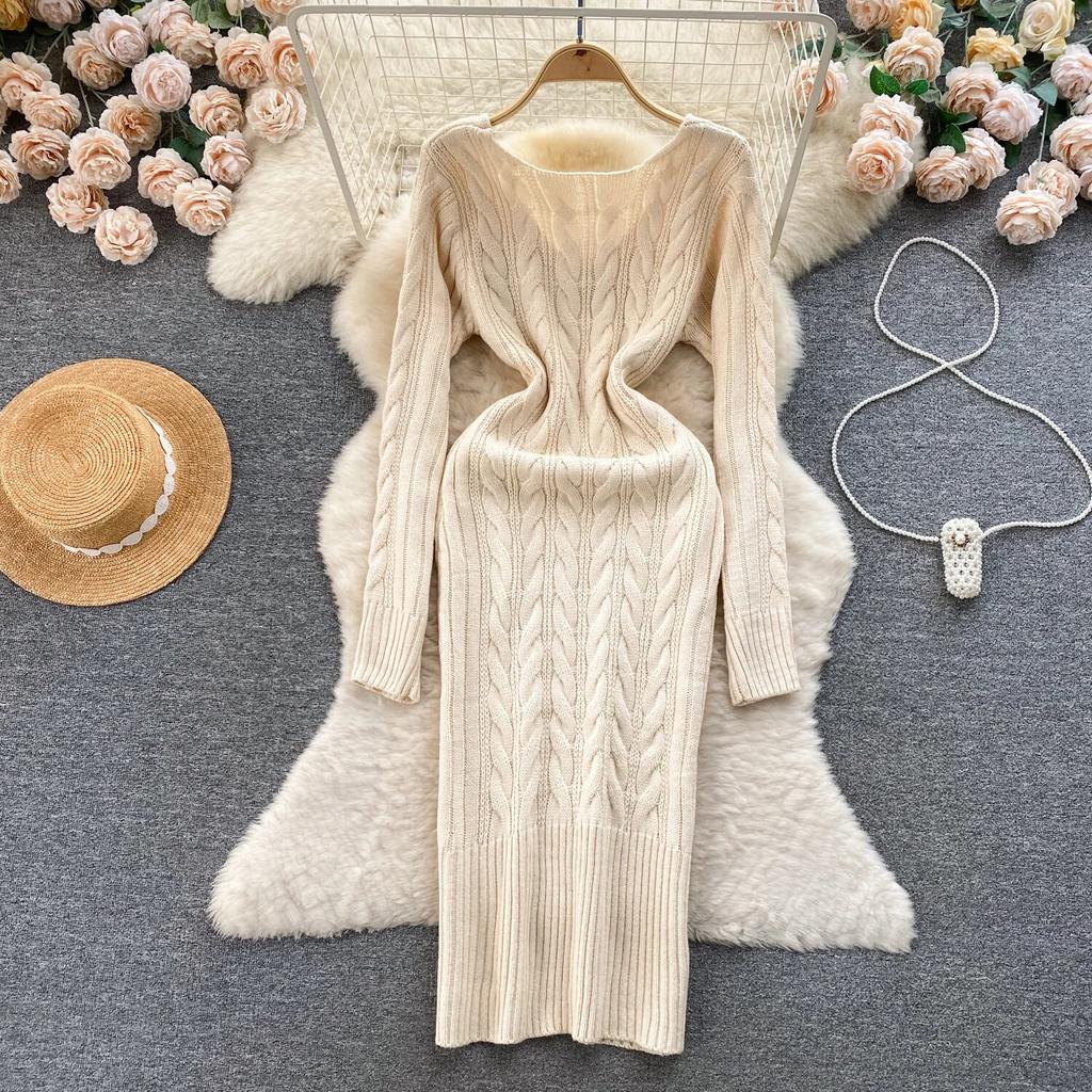 Pull mi-long pour femme, jupe de Base, rétro, fleur torsadée, coupe cintrée, tempérament, col en v, manches longues, robe tricotée, hiver