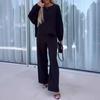 Autumn 2025 Women's Solid Color Round Neck Two-Piece Set with Long Sleeve Top & Elastic Waist Pants