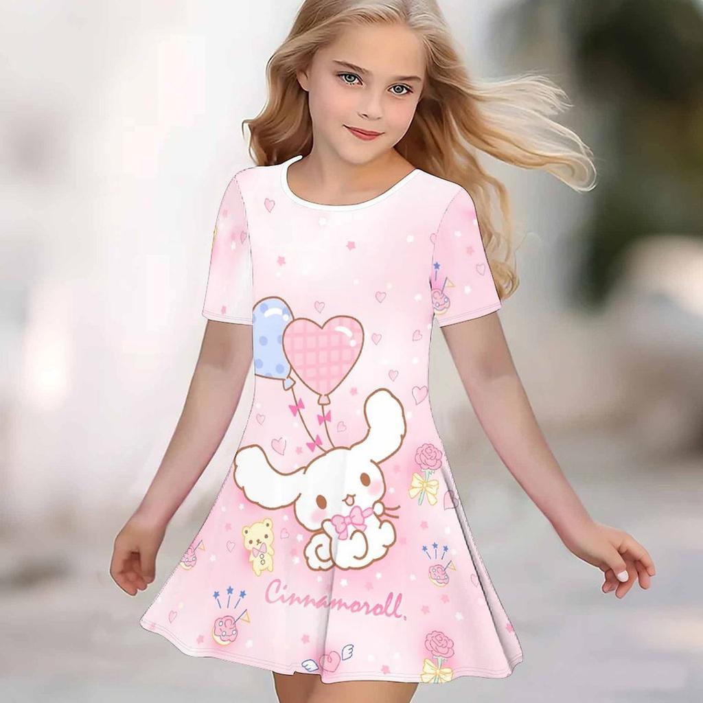 Girls 3D Print Dresses Kids Girl Party Short Sleeve Princess Dress Tank 3D Moe Cartoon Print Dress