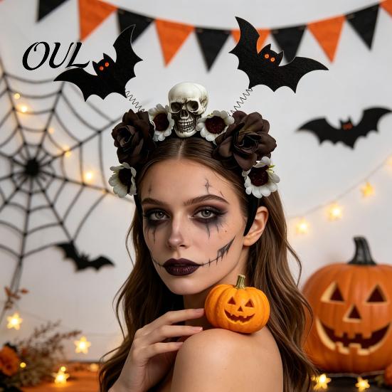 Festive Hair Decorations for Costumes Halloween Flower Skeleton Bat Headband, Gothic Floral Skull Bands, Spooky Fashionable Clips Accessory,