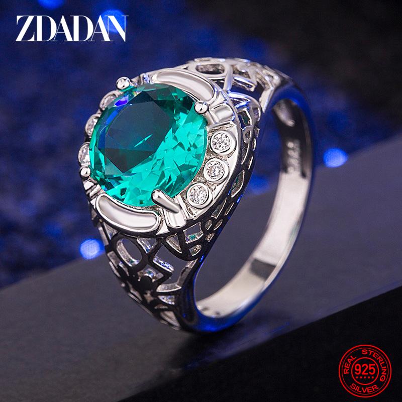 

925 Sterling Silver Round Emerald Adjustable Ring for Women Fashion Jewelry 10