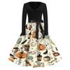 Women's Casual Vintage Halloween Dress V Neck Long Sleeve Bat Print A Line Skirt Retro Style Belted Waist Swing Dress