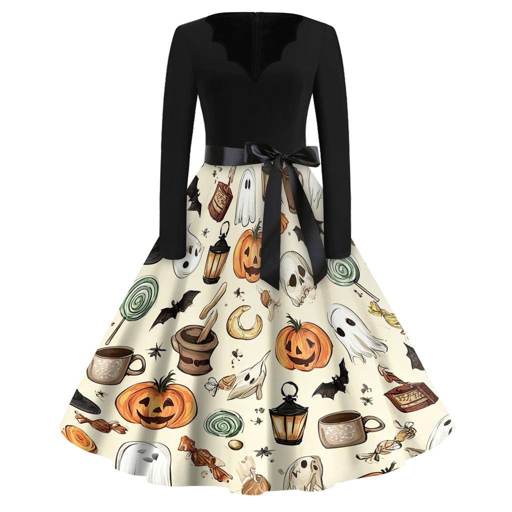 Women's Casual Vintage Halloween Dress V Neck Long Sleeve Bat Print A Line Skirt Retro Style Belted Waist Swing Dress