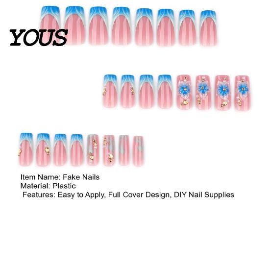 Travel Friendly Nails 24Pcs Summer Ocean Press on Nails, French Tip Flower Faux Pearl Stick-on Fake Blue Tips Salon Quality Long Glue False for Women