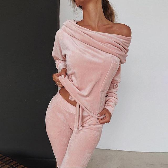 Ladies Sweatshirt Pants 2-piece Set Asymmetrical Strapless Velvet Sportswear Casual Wear Autumn and Winter S-5XL