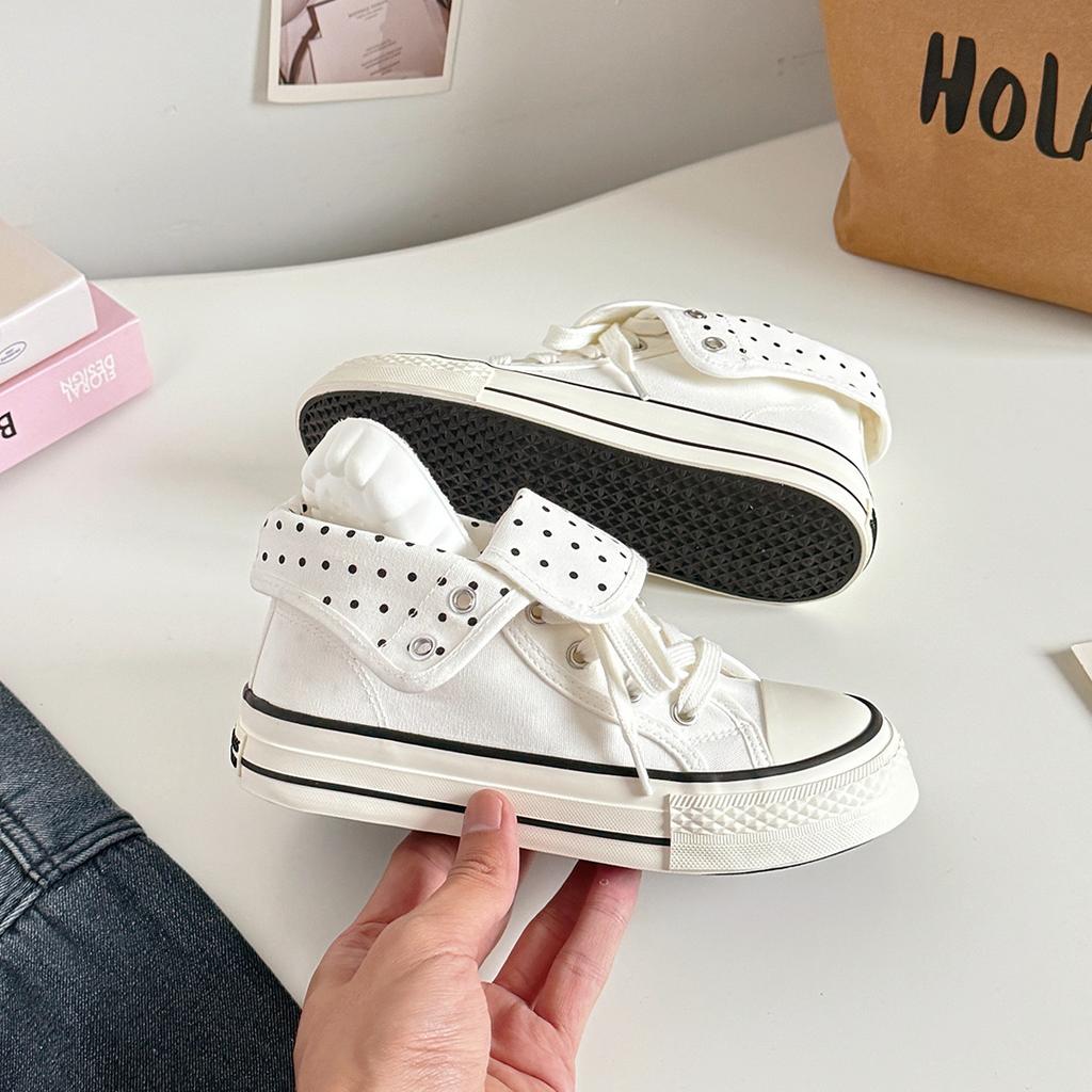 Women's High Top Platform Canvas Sneakers Polka Dot Foldable Collar Lace Up Breathable Korean Style Casual Shoes Fall