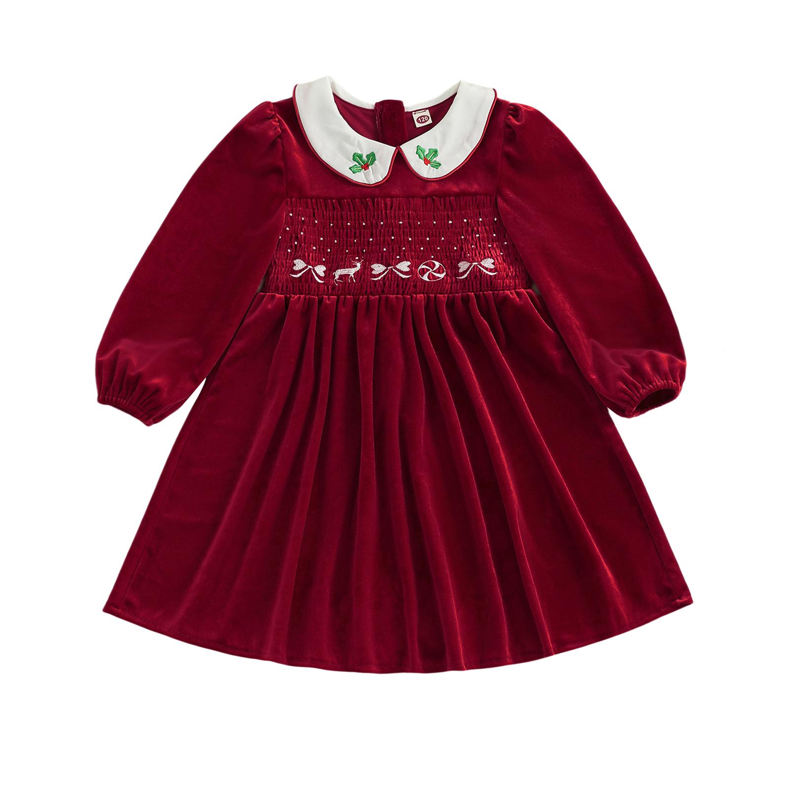 Little Girl Dress Reindeer Bow Holly Embroidered Smocked Long Sleeve Doll Collar Dress Cute Winter Clothes 90 красный
