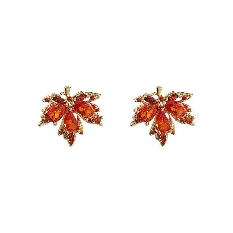 Maple Leaf Micro-Paved Zircon Red Stud Earrings for Women, 925 Silver with 14K Plating