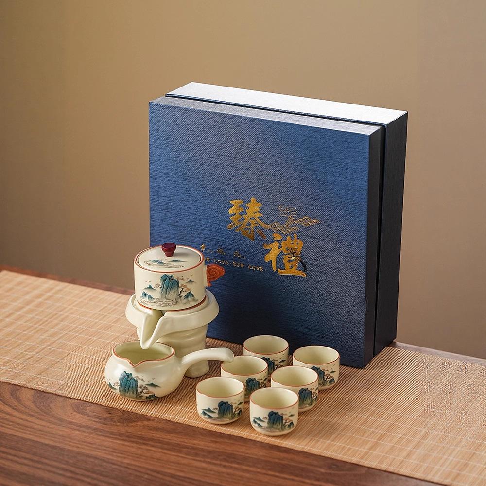 

Ru kiln/Splendid Mountains and Rivers Kung Fu Tea Set Automatic Household/Simple and Portable Ceramic Tea Pot Complete Tea Set