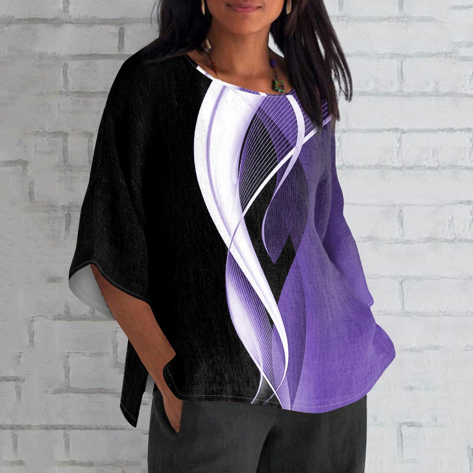 

Женская мода с рукавом семь четвертей и круглым вырезом с принтом, свободные повседневные рубашки-топы XXXXL фиолетовый