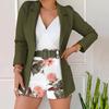 2 Stk./Set Damen Blazer Shorts Set Blumendruck Einfarbig Mantel Lange Ärmel