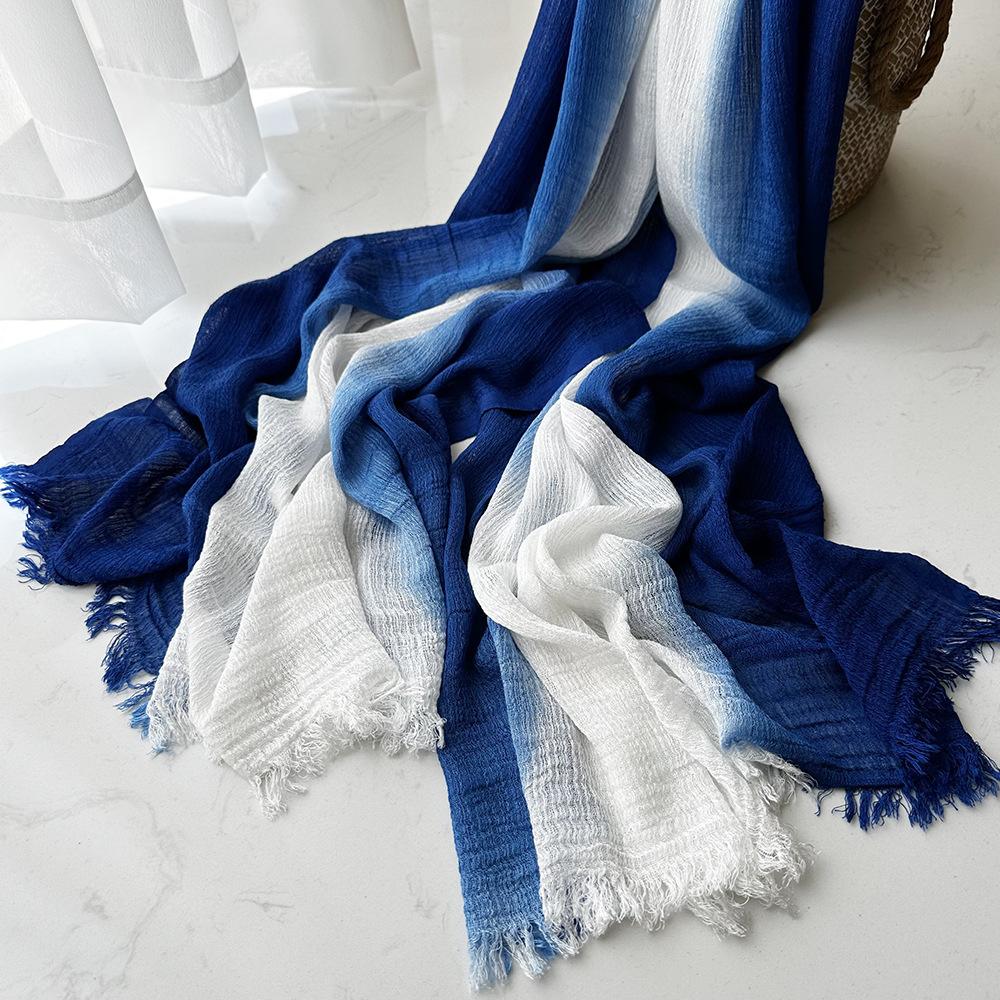 Personalized Hand-painted Cotton Scarf Women's Short Beard Gradual Change Color Travel Shawl Yunnan Dali Blue and White Tie-dyed Silk Scarf
