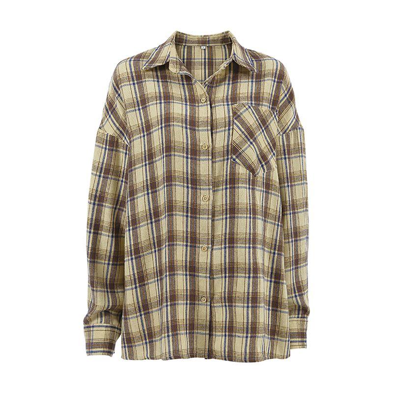 

European and American Women s Clothing Tops Loose Gingham Shirt Long Sleeves American Retro Checked Shirt 2025 Summer Casual Beige L(Suggested 57.50 kg-62.50 kg)