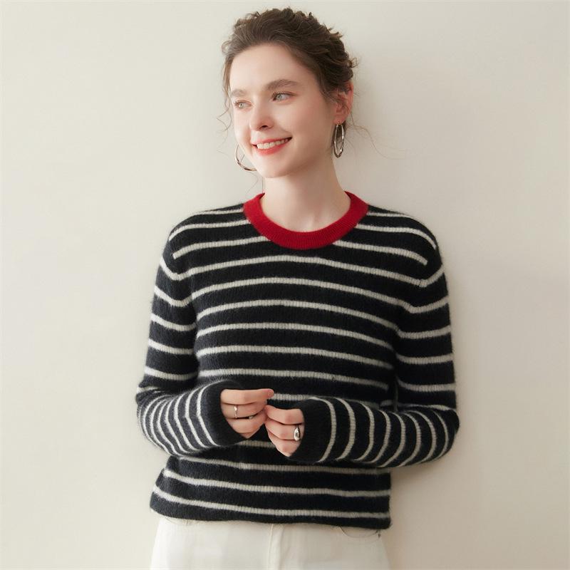 Autumn Winter Striped Round Neck Women's Cashmere Knit Sweater Pullover