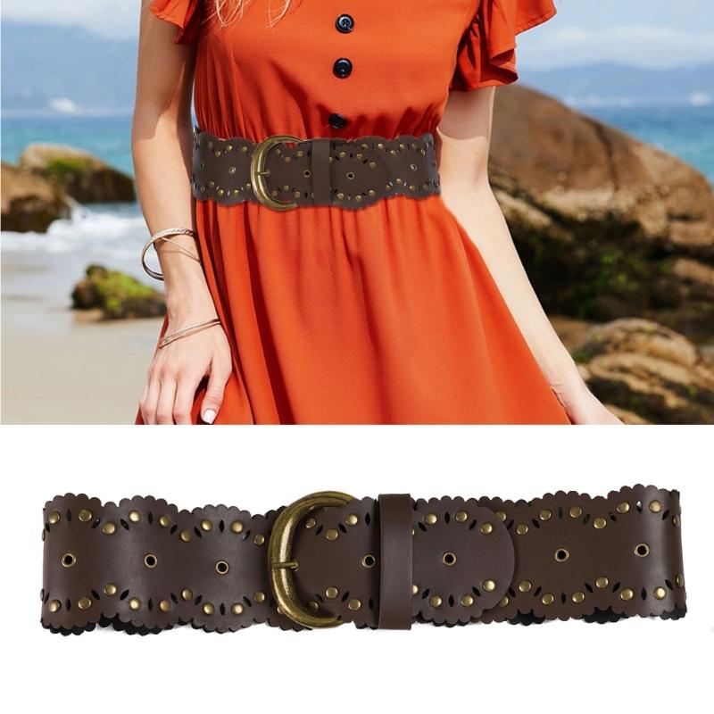 Retro Studded Wide Belt for Women And Lady 7.5cm Width PU Leather Waist Strap with Metal Rivets for Casual Outfits