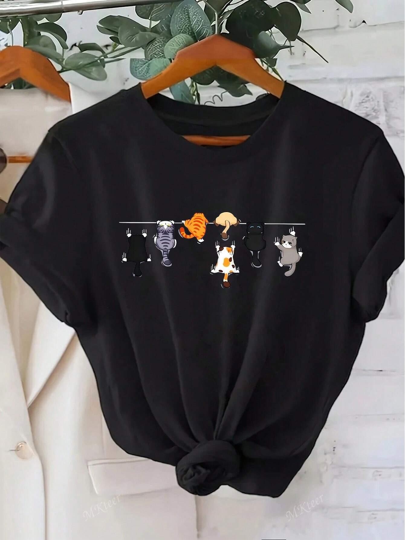Cute Cat Print Unisexs Tshirt Oneck Short Sleeve Casual Unisex Tshirt White With Unique Cat Print Tee Tops Unisexs Clothing S