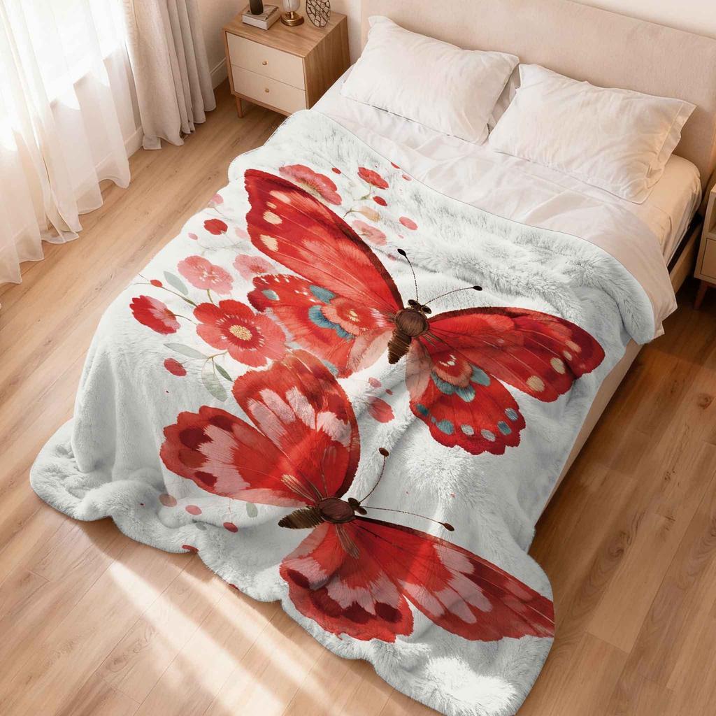 Red Butterfly Pattern Flannel Printed Blanket Suitable for All Seasons Suitable for Living Room Office Sofa and Travel 180x250CM