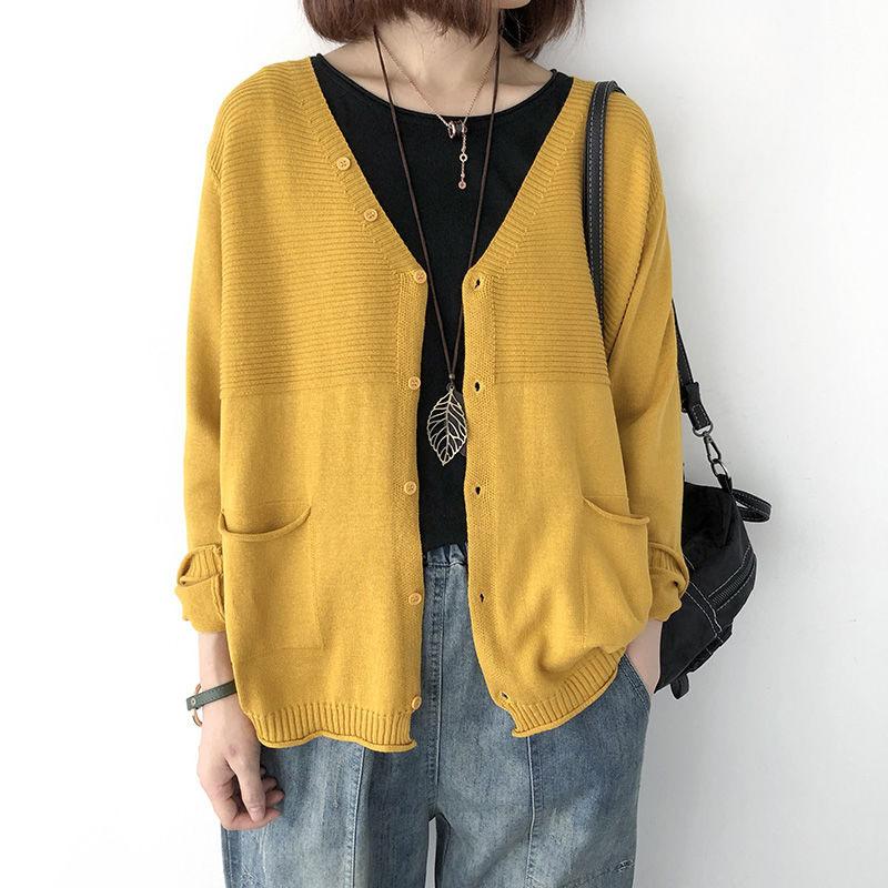 Spring and Autumn Loose V-neck Long Sleeved Knitted Cardigan Women's Top Autumn Thin Sweater Women's Coat