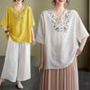Summer Art Retro Ethnic Style Embroidery Loose Casual Plus Size Countryside V-neck Top T-shirt for Women