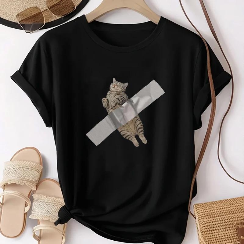 

Unisexs Summer T Shirt Comfortable Breathable Fabric Cute Kitten Tape Pattern Suitable Casual Home Wear Women Clothing S