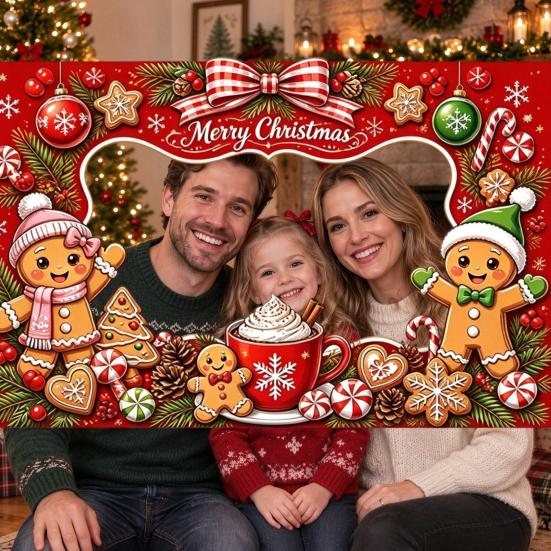 Christmas Celebration Photo Accessories Cartoon Booth Frame Banner, Xmas Selfie with Elk Gift for Party Decor Penguin Bear, Holiday Handheld