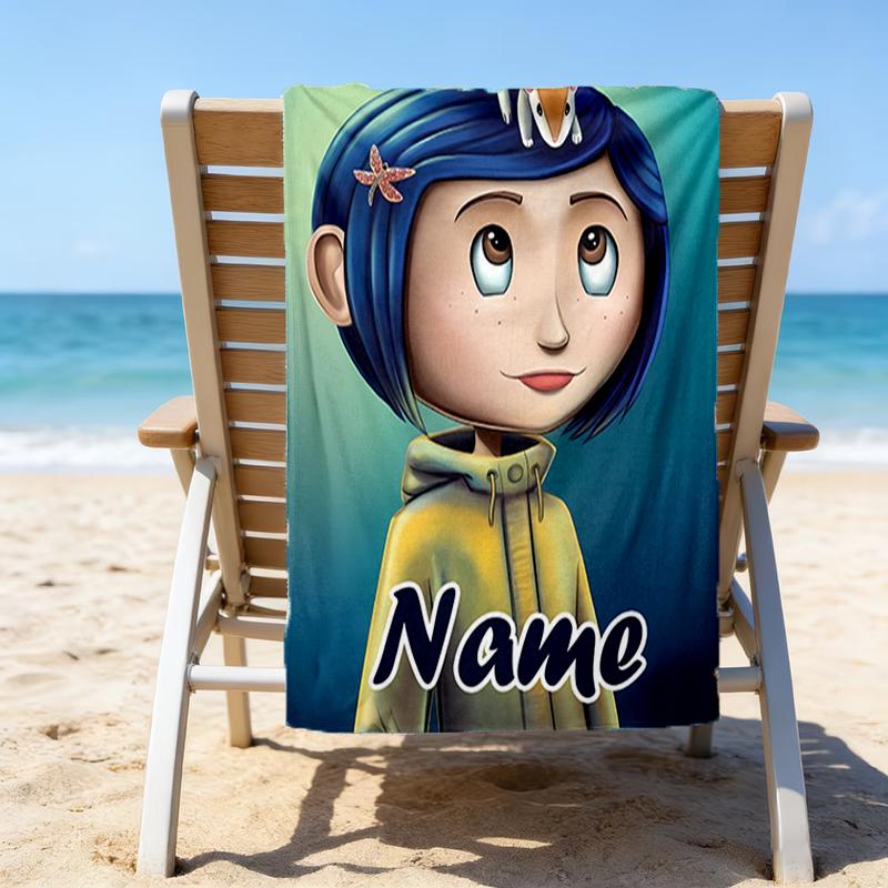 1pc Coraline1 Beach Towel with Custom Name, Beach/Swimming/Bath/Picnic/Camping Towel, Suitable for Seaside Beaches