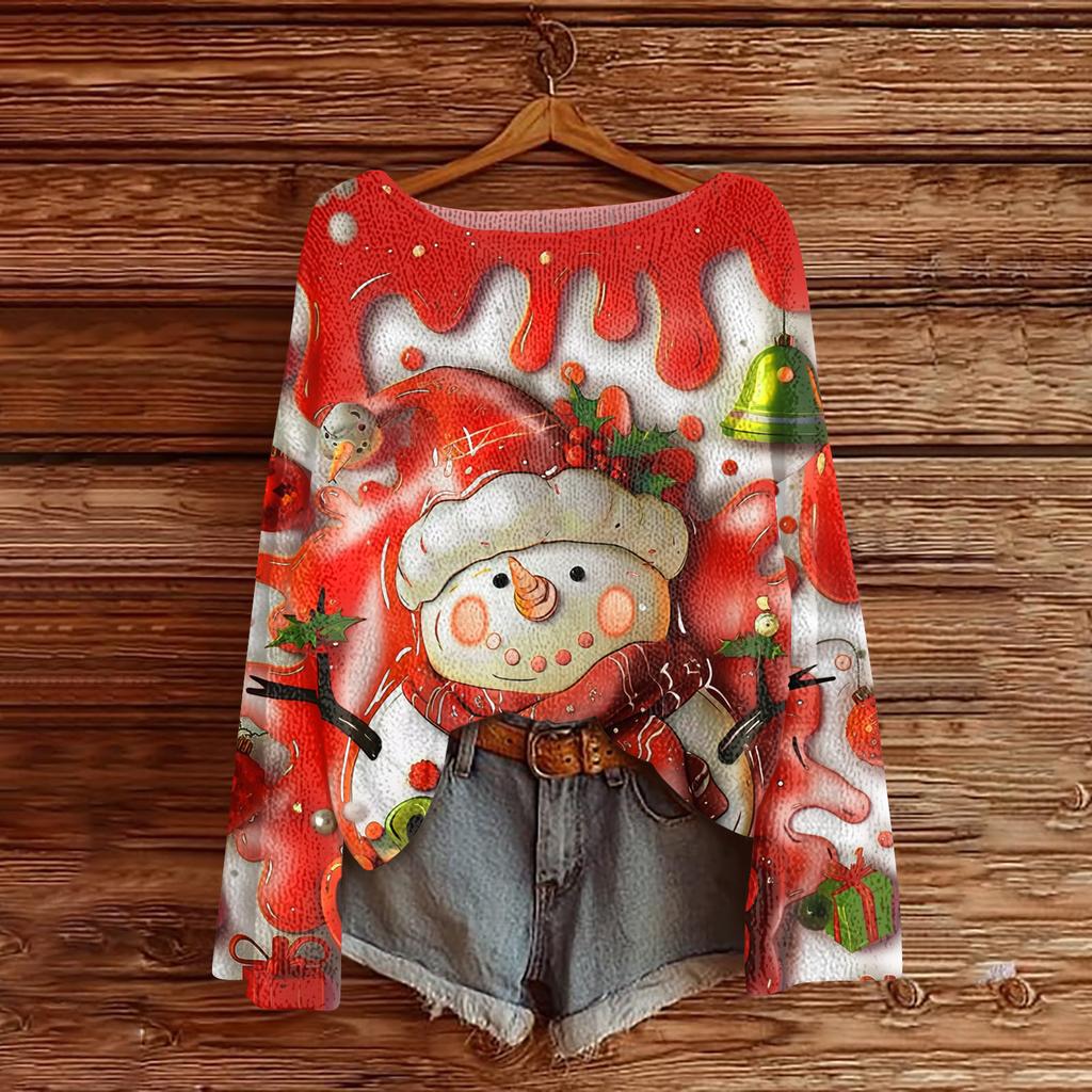 Women's Fashion Round Neck Long Sleeve Christmas Print Casual Knit Pullover Top