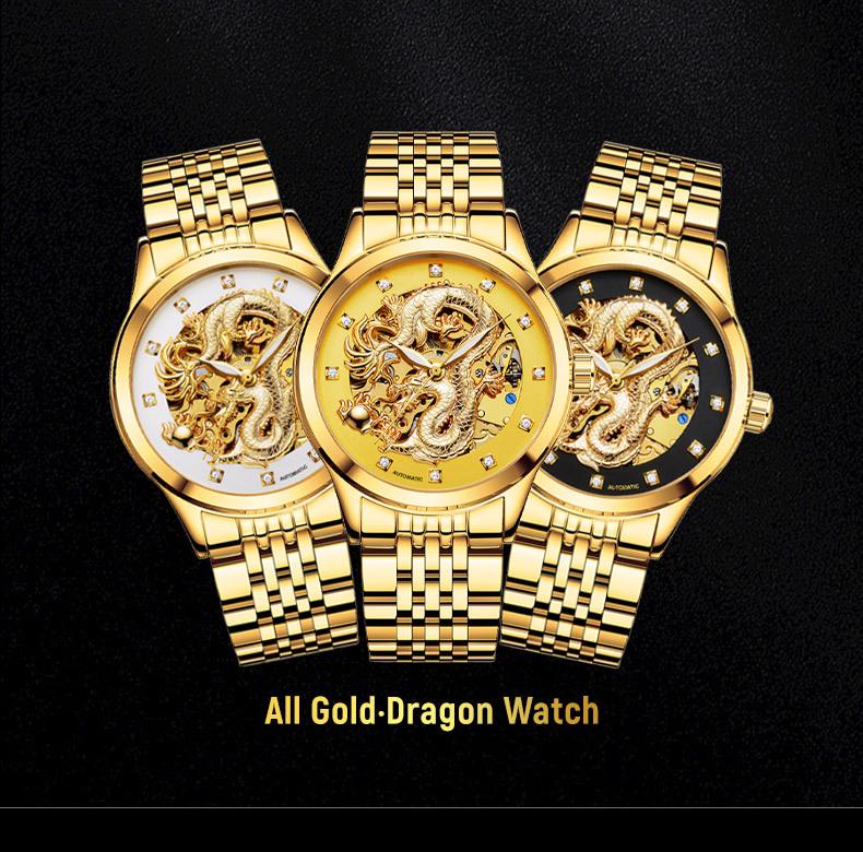 NARY Gold Dragon Waterproof Stainless Steel Skeleton Automatic Watch 18028.