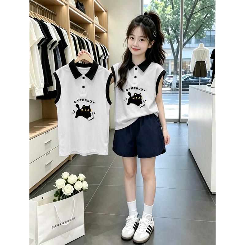 Girls' Cotton Patchwork Polo Vest Set - Summer 2026 Collection for Medium & Large Children, Sleeveless Lapel T-Shirt.