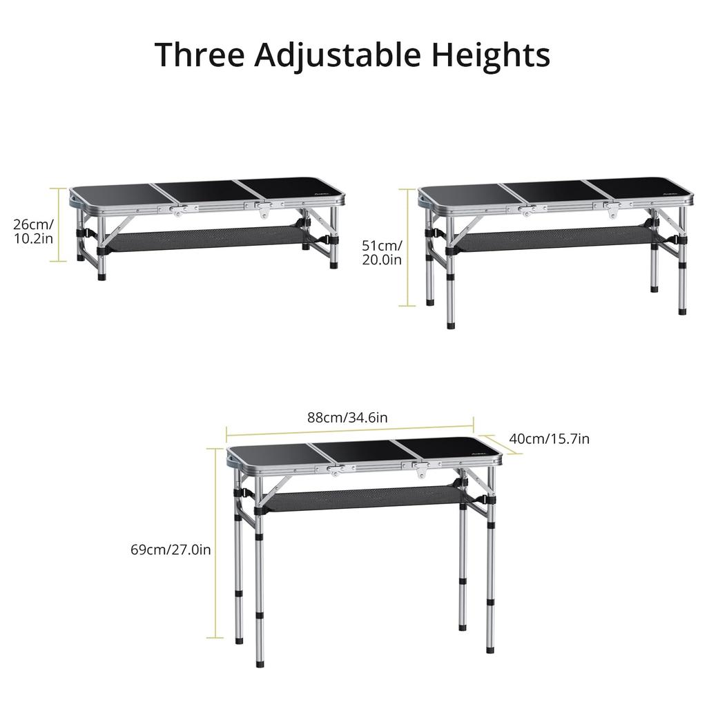 Anbte Folding Camping Height for both Outdoor and Indoor Maximum Made of Comes with Storage Lightweight and Perfect for and the Beach Table, 3-level