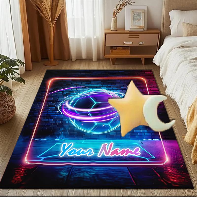 1PC Custom Name Neon Lights Soccer Ball Theme Floor Mat Ideal for Living Room, Game Rooms, Office, Bedroom Floor Mat Playful Design