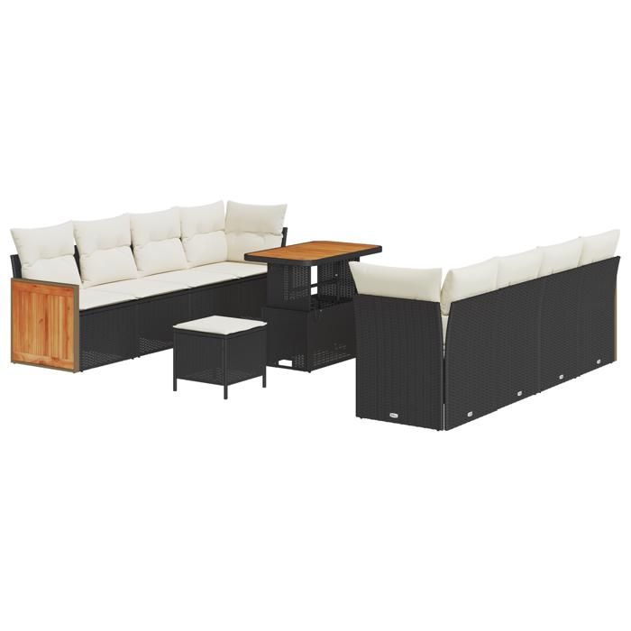 Ensemble de Canapé de Jardin 11 Pièces avec Coussins Noir Rotin Poly Acacia, Ensemble de Salle à Manger 3 Pièces 3365230