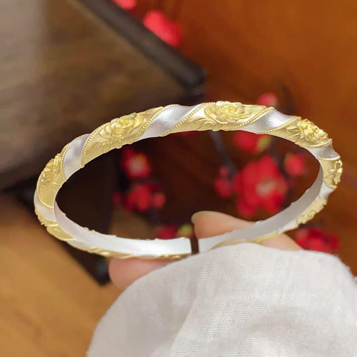 Sterling Silver Gilded Twisted Rose Open Bangle - New Chinese Style Bracelet 27g Gilded Rose Open Bangle