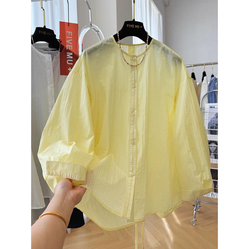 Women s Korean Loose Fit Back Slit Round Neck Long Sleeve Spring Top L жёлтый
