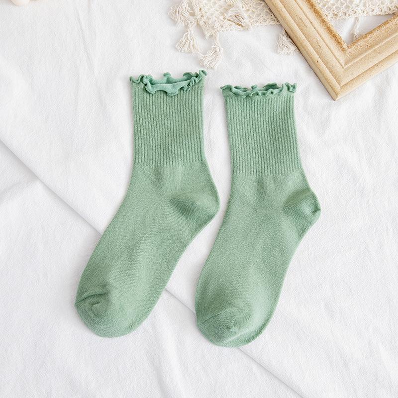 

Женские новые весенне-осенние однотонные хлопковые носки с краем-ушком, против натирания, впитывающие пот 1 pair зелёный