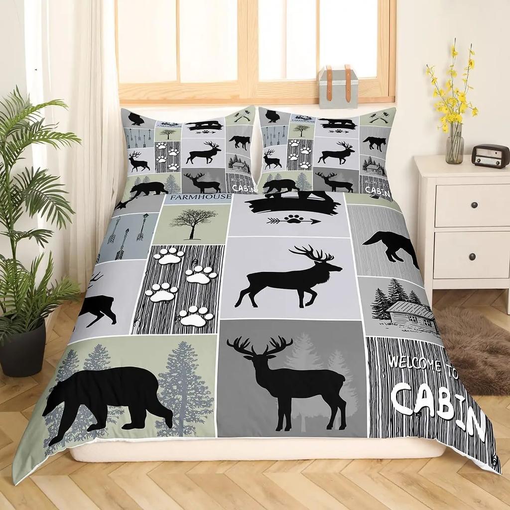Black Bear Deer Bedding Set Woodland Animals Elk Moose Wildlife Hunting Country Lodge Cabin Duvet Cover Set Queen Comfortable