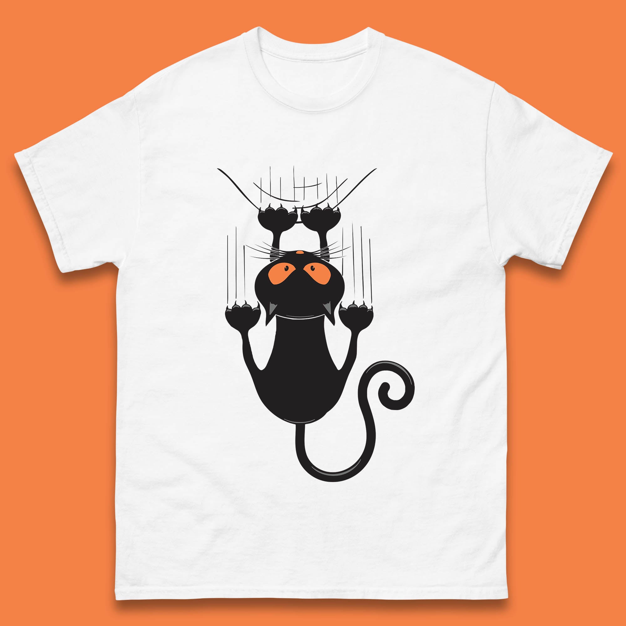 

Black Cat Cartoon Scratching Climbing Wall Halloween Horror Scary Black Cat Spooky Season Mens Tee Top 2XL