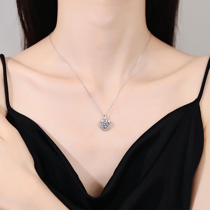 S925 Sterling Silver Heart Necklace with Moissanite Pendant - Perfect for Qixi or Valentine's Day