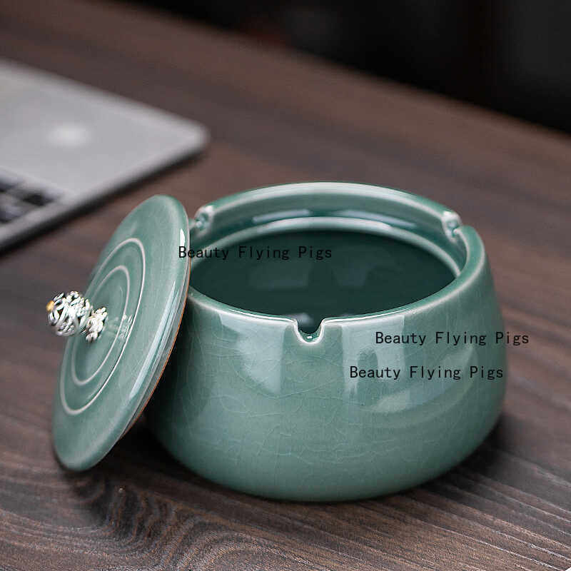Ceramic Anti Fly Ash Ashtray, Ashtray with Lid Office Ashtray, Chinese Style Ashtrays, Home Decoration, Household Merchandises