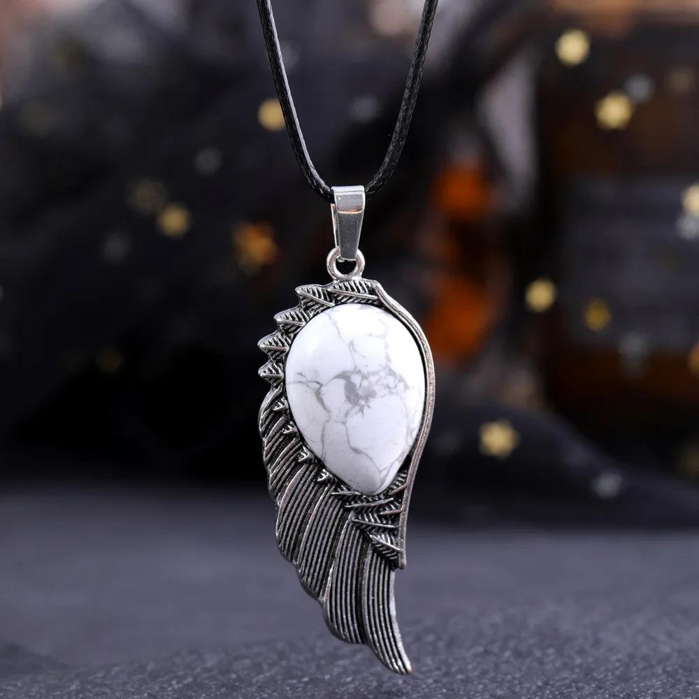 Natural Crystal Necklace Angel Single Winged Pendant Natural Gem Necklaces Jewelry Healing Stone Necklaces for Women Angel Wings