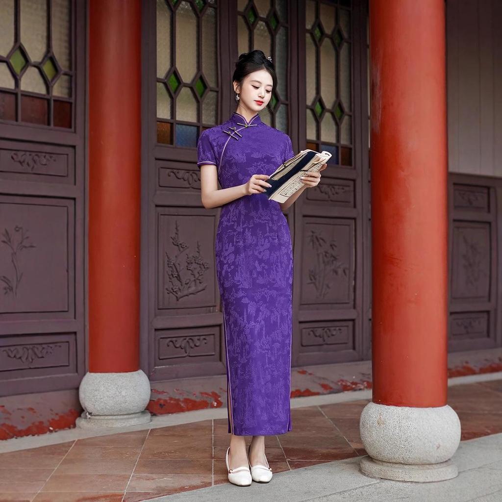 2025 Spring/Summer Red Cheongsam Long Dress - Chinese Style, Short Sleeve Performance Costume