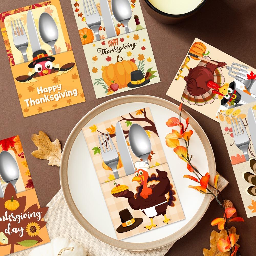 6pcs Turkey Maple Leaf Cutlery Storage Bags Autumn Theme Tableware Cover  Home Decor